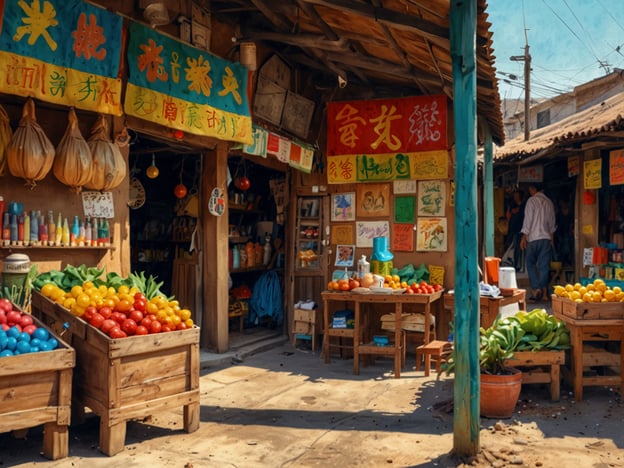 Entdecke den Mercado Oriental: Auf dem Bild sehen wir einen lebhaften Markt mit bunten Ständen, die eine Vielzahl von frischem Obst und Gemüse anbieten. Die Farben der Waren erstrahlen in leuchtenden Tönen, während die Wände der Marktstände mit verschiedenen Plakaten und Schildern geschmückt sind, die die einheimische Kultur widerspiegeln. Es herrscht eine einladende und geschäftige Atmosphäre, die den Charme eines traditionellen Marktes in einer Stadt vermittelt. Die Szene lädt dazu ein, die Fülle an Produkten und die Vielfalt des Lebens zu erkunden.