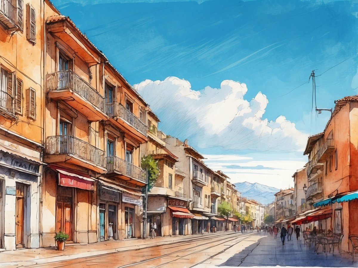 Eine malerische Straße in Thessaloniki mit charakteristischen, pastellfarbenen Gebäuden und Balkonen. Die Straßenszene zeigt mehrere Geschäfte und eine einladende Atmosphäre, untermalt von einem strahlend blauen Himmel mit leichten Wolken. Personen schlendern entlang der Straße, während einige Tische und Stühle vor Cafés aufgestellt sind. In der Ferne sind Berge sichtbar, die zur erholsamen Landschaft beitragen.