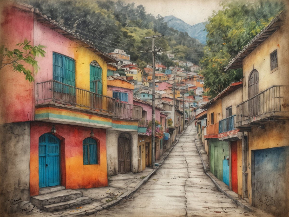 Blick auf eine malerische Straße im Künstlerviertel La Floresta in Quito, Ecuador. Die schmale Gasse ist von bunten Häusern gesäumt, deren Fassaden in sanften Pastellfarben gestrichen sind. Links sind Häuser mit blauen und gelben Fenstern sowie Balkonen zu sehen. Rechts sind weitere Gebäude in lebhaften Farben wie Orange und Grün erkennbar. Die Straße führt sanft bergauf und wird von grünen Pflanzen und Bäumen flankiert. Im Hintergrund türmen sich sanfte Hügel, und die Atmosphäre vermittelt ein Gefühl von Kreativität und Charme.