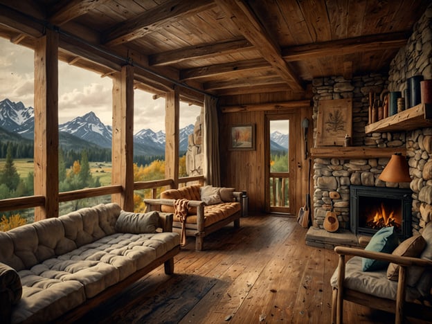 Auf dem Bild ist ein gemütlicher Raum in einer Holzhütte zu sehen, der eine schöne Aussicht auf die Berge bietet. Die Einrichtung besteht aus bequemen Sofas und einem Kamin, der eine einladende Atmosphäre schafft. Diese Art von Unterkunft eignet sich hervorragend für einen entspannten Urlaub in der Natur, vielleicht in Form einer Berghütte oder eines Ferienhauses. Ideal für Naturliebhaber, die Ruhe und eine malerische Umgebung suchen.