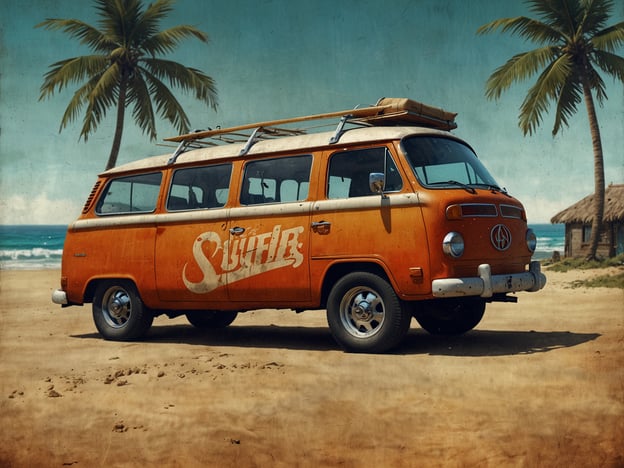 Auf dem Bild ist ein orangefarbener Van zu sehen, der an einem Strand steht. Auf dem Dach sind Surfbretter befestigt, und im Hintergrund sind Palmen sowie das Meer sichtbar. Dieses Motiv verkörpert perfekt, wie man die lokale Surfkultur erleben kann, mit einem entspannten Lebensstil und der Nähe zur Natur.