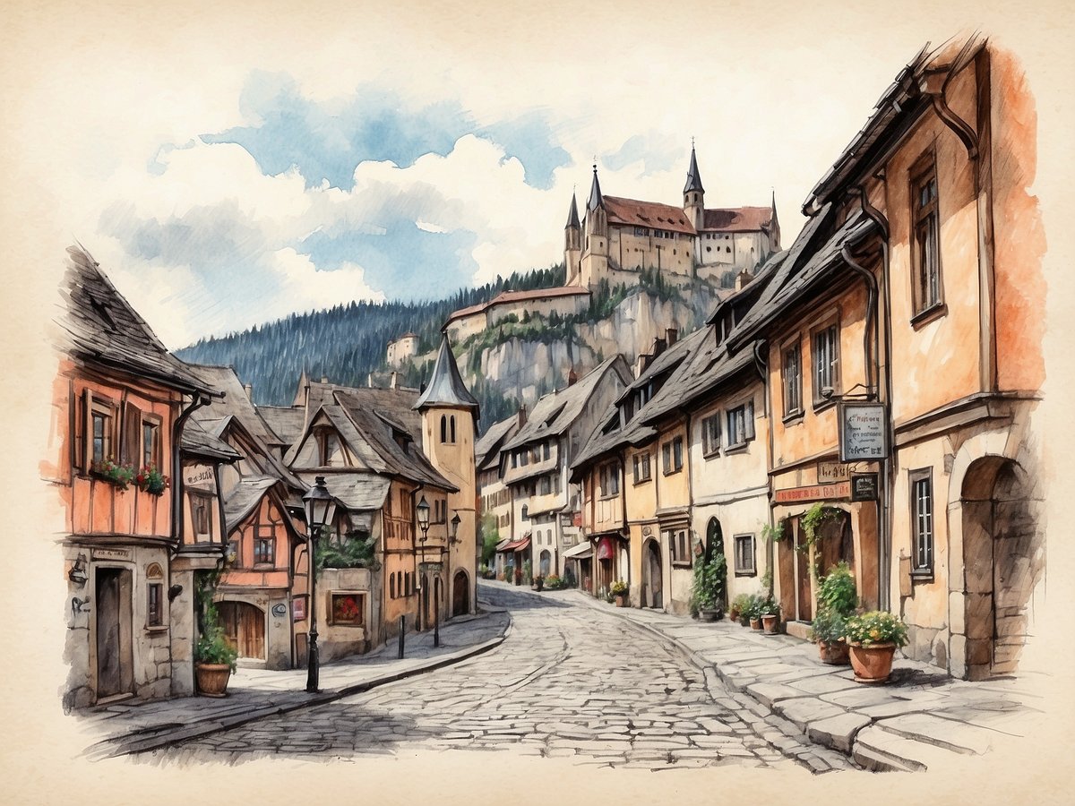Ein malerischer Blick auf eine alte, verwinkelte Straße in Goslar, gesäumt von charmanten Fachwerkhäusern mit bunten Fensterläden. Im Hintergrund erhebt sich majestätisch eine Burg auf einem Hügel, umgeben von Bäumen und einem wolkenlosen Himmel. Die Straße zieht sich sanft durch die Szene, während laternenartige Straßenlaternen und blühende Pflanzen die Idylle unterstreichen.