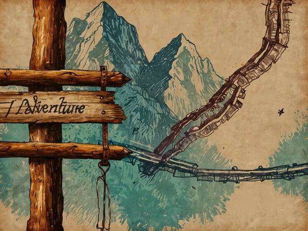 Auf dem Bild ist ein Schild zu sehen, das den Weg zu einem Abenteuer anzeigt. Es ist aus Holz und zeigt die Aufschrift "Adventure". Im Hintergrund sind beeindruckende Berglandschaften zu erkennen, die eine malerische Kulisse bilden. Das Bild vermittelt den Eindruck von Erkundung und Entdeckung, ideal für Abenteuerwanderwege. Diese Routen bieten unterschiedliche Schwierigkeitsgrade und sind für jeden Geschmack geeignet, ob für gemütliche Spaziergänge oder anspruchsvolle Wanderungen in der Natur.