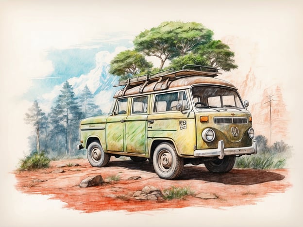 Auf dem Bild ist ein nostalgisches Fahrzeug, ein VW-Bus, zu sehen, das in einer natürlichen Umgebung abgebildet ist. Dieses Bild könnte in Zusammenhang mit Umweltschutz und nachhaltigem Tourismus stehen, da der VW-Bus oft mit einem Gefühl von Abenteuer, Freiheit und Verbindung zur Natur assoziiert wird. 

Nachhaltiger Tourismus fördert das Erkunden der Natur und die Wertschätzung von Landschaften, während gleichzeitig darauf geachtet wird, die Umwelt zu schützen. Solche Fahrzeuge können symbolisch für Reisen stehen, die darauf abzielen, nachhaltige Praktiken zu unterstützen und die Schönheit der Natur zu bewahren. Es könnte ein Aufruf sein, umweltbewusste Entscheidungen zu treffen, während man die wunderbaren Orte entdeckt, die unser Planet zu bieten hat.