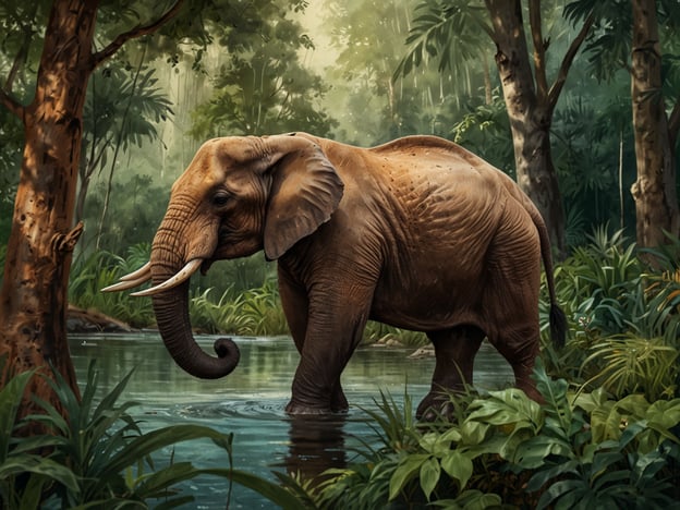 Auf dem Bild ist ein majestätischer Elefant zu sehen, der in einem ruhigen Gewässer steht. Die Umgebung ist reich an üppiger Flora, mit dichten Grünpflanzen und hohen Bäumen, die eine dschungelartige Atmosphäre schaffen. Das Licht fällt sanft durch das Blätterdach, wodurch die Szene lebendig wirkt. Der Elefant selbst verkörpert die beeindruckende Tierwelt, während die Vielfalt der Pflanzen im Hintergrund die natürliche Schönheit und das ökologische Gleichgewicht des Lebensraums unterstreicht.