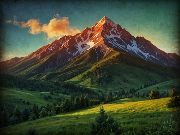 Auf dem Bild ist eine beeindruckende Berglandschaft zu sehen. Die schneebedeckten Gipfel sind in warmes Licht getaucht, während die grünen Hügel und Bäume im Vordergrund ein erfrischendes, lebendiges Ambiente schaffen. Das Bild vermittelt das Gefühl von Ruhe und der frischen Brise, die man in solch einer schönen Umgebung genießen kann, ganz im Sinne des erfrischenden Klimas von Las Sabanas.