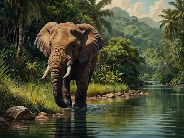 Auf dem Bild ist ein majestätischer Elefant zu sehen, der in einem ruhigen Gewässer steht. Um ihn herum erstreckt sich eine üppige, tropische Landschaft mit dichten Pflanzen, Palmen und Bergen im Hintergrund. Diese Naturszenerie verbindet die Schönheit der Tierwelt mit der üppigen Vegetation, die typisch für Gebiete rund um Las Sabanas ist, wo sich ein einzigartiges Ökosystem entfaltet und das Leben in harmonischer Koexistenz gedeiht.