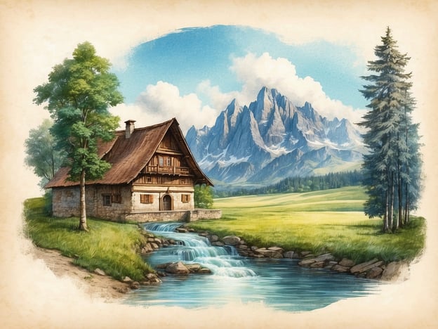 Auf dem Bild ist ein malerisches Landschaftsbild mit einem traditionellen bayerischen Haus, das an einem kleinen Fluss steht. Im Hintergrund erheben sich majestätische Berge, die an die Voralpen erinnern. Diese Szenerie könnte gut zur Geschichte des Großen Arber passen, einem bedeutenden Berg im Bayerischen Wald, der für seine atemberaubende Natur und seine vielfältigen Wanderwege bekannt ist. Die Umgebung des Berges ist geprägt von klaren Bächen, dichten Wäldern und einer abwechslungsreichen Flora und Fauna, die sich harmonisch in die ländliche Idylle einfügt.