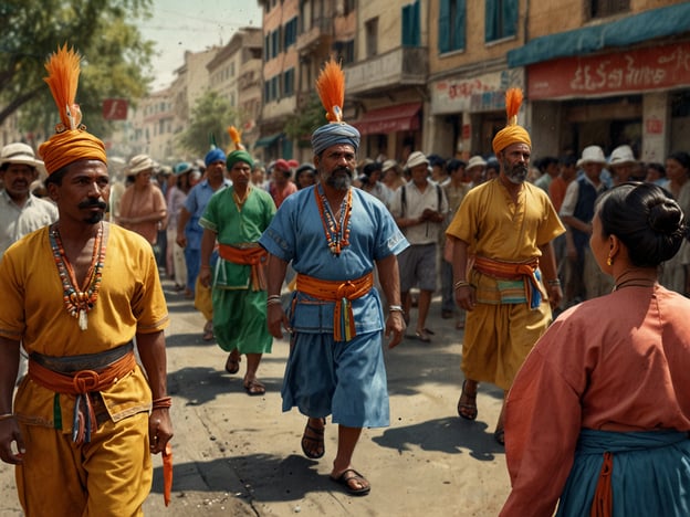 Auf dem Bild ist eine lebhafte Szene zu sehen, die wahrscheinlich während einer traditionellen Veranstaltung oder eines Festivals stattfindet. Die Männer tragen farbenfrohe Trachten, die auf kulturelle Bräuche hinweisen, möglicherweise aus einer Region in Indien. Die verschiedenen Farben und die charakteristischen Kopfbedeckungen deuten auf eine Feierlichkeit hin. Solche Veranstaltungen könnten folkloristische Tänze, Umzüge oder religiöse Feste wie das Holi-Festival oder das Ganesh Chaturthi in Indien darstellen, wo Gemeinschaft und kultureller Ausdruck im Mittelpunkt stehen. Umstehende Menschen drücken die lebendige Atmosphäre und die Freude an gemeinschaftlichen Feiern aus.