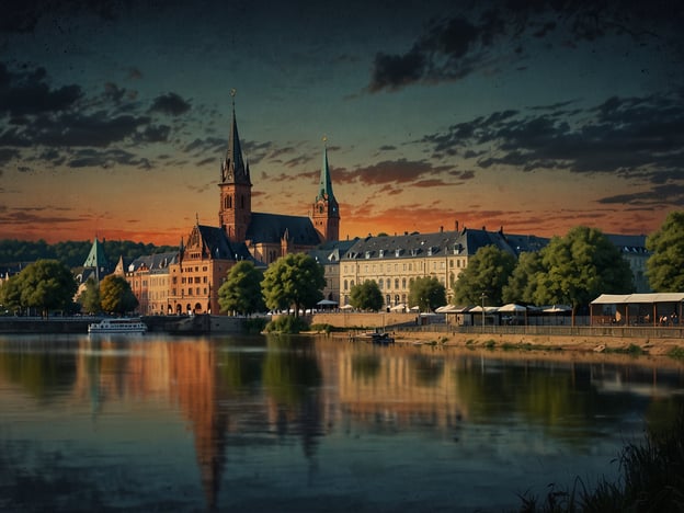 Auf dem Bild ist eine malerische Stadtszene zu sehen, die eine Uferpromenade am Wasser zeigt, umgeben von historischen Gebäuden und einer schönen Landschaft. Die Architektur hat eine charmante, altehrwürdige Ausstrahlung, und es scheint, als ob das Bild bei Sonnenuntergang aufgenommen wurde, was eine warme Atmosphäre schafft.

Wenn Sie nach Monheim am Rhein reisen möchten, liegt die Stadt in Nordrhein-Westfalen, Deutschland. Sie ist gut mit dem Auto oder öffentlichen Verkehrsmitteln zu erreichen. Von Düsseldorf aus erreichen Sie Monheim in etwa 30 Minuten mit dem Auto. Es gibt auch regelmäßige Zugverbindungen, die bequem zu nutzen sind. Die Stadt bietet eine reizvolle Umgebung und zahlreiche Möglichkeiten für Aktivitäten am Rhein.