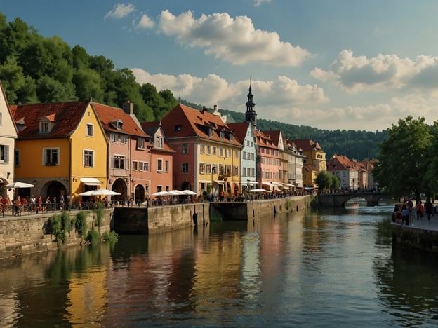 Auf dem Bild ist ein malerischer Stadtteil zu sehen, der typisch für viele alte europäische Städte ist. Die bunten Häuser mit roten Dächern erinnern stark an die Architektur in kleinen Städten an Flüssen in Deutschland. 

Besonders charakteristisch sind:

- **Die farbigen Fassaden**: Sie verleihen der Uferpromenade einladenden Charme und spiegeln oft die historische Bauweise wider.
- **Die Uferpromenade**: Menschen sitzen in Cafés oder bummeln entlang des Wassers, was oft ein beliebter Ort für Lokals und Touristen ist.
- **Die Brücke**: Sie könnte historische Bedeutung haben und verbindet oft zwei Teile der Stadt, während sie gleichzeitig als Blickfang dient.

Insgesamt vermittelt das Bild eine lebendige Atmosphäre und zeigt die Nähe zur Natur, mit grünen Hügeln im Hintergrund, die typisch für ländliche deutsche Regionen sind.