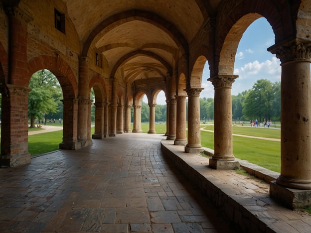 Auf dem Bild ist ein schöner Arkadengang zu sehen, der von Säulen gestützt wird. Diese Art von Architektur ist oft in historischen Gärten und Parks zu finden, die sowohl Erholung als auch Schönheit bieten. 

Einige sehenswerte Orte, die ähnliche architektonische Elemente aufweisen, sind:

1. **Schlosspark Wilhelmshöhe** in Kassel - Ein beeindruckender Park mit historischen Gebäuden und einem prachtvollen Schloß.
2. **Zwinger** in Dresden - Ein herausragendes Beispiel barocker Architektur, umgeben von wunderschönen Gartenanlagen.
3. **Schlossgarten in Ludwigshafen** - Ein weiterer schöner Garten, ideal für Spaziergänge und entspannende Momente.
4. **Garten von Schloss Schönbrunn** in Wien - Berühmt für seine prächtigen Gärten und beeindruckenden Gebäude.

Diese Orte bieten für jeden Geschmack etwas, sei es Geschichte, Kunst oder einfach nur Naturerlebnis.