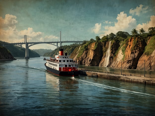 Auf dem Bild ist ein malerischer Fluss zu sehen, durch den ein prächtiges Schiff fährt. Im Hintergrund erhebt sich eine beeindruckende Brücke, die die Landschaft überquert. Die Ufer sind von steilen Klippen und üppigem Grün gesäumt, und es gibt einen Wasserfall, der eine schöne Naturszene schafft.

Diese Szenerie könnte beispielweise in einem tropischen Urlaubsgebiet liegen, wo Touristen Bootsausflüge unternehmen, um die Natur zu erkunden und die spektakuläre Aussicht zu genießen. Solche Erlebnisse bieten häufig die Gelegenheit, atemberaubende Landschaften zu sehen und die lokale Flora und Fauna zu entdecken. In der Umgebung könnten zudem Wanderwege und Aussichtspunkte vorhanden sein, die einen weiteren Blick auf die umgebende Schönheit ermöglichen.