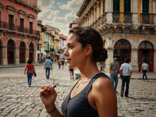 Das Bild zeigt eine lebhafte Straßenszene im historischen Viertel Casco Viejo, mit einer jungen Frau im Vordergrund, die nachdenklich wirkt. Die Altstadt ist bekannt für ihre engen Gassen, koloniale Architektur und bunte Gebäude. In Zukunft wird Casco Viejo voraussichtlich weiterhin ein beliebtes Ziel für Touristen und Einheimische bleiben. Investitionen in die Infrastruktur und Umweltschutzmaßnahmen könnten die Attraktivität des Viertels erhöhen. Zudem wird die kulturelle Vielfalt, dargestellt durch Märkte und Veranstaltungen, das Erbe und die Gemeinschaft weiter stärken. Die nachhaltige Entwicklung könnte dazu beitragen, Casco Viejo als lebendigen, kulturellen Treffpunkt zu festigen.