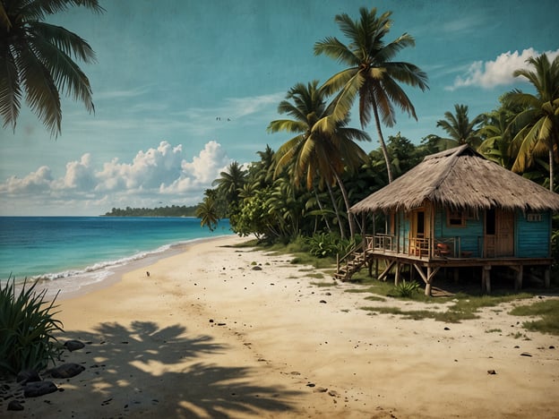 Auf dem Bild ist eine malerische Szene zu sehen, die die Schönheit der Strände von Bocas del Toro widerspiegelt. Ein ruhiger Strand mit feinem Sand und klaren, türkisfarbenen Wasser verleiht der Landschaft eine traumhafte Atmosphäre. Palmen rahmen das Bild ein und im Vordergrund steht ein charmantes, traditionelles Häuschen aus Holz mit einem Strohdach. Diese Umgebung lädt dazu ein, die tropische Ruhe und die natürliche Pracht der Region zu genießen. Entdecke die Schönheit der Strände von Bocas del Toro!