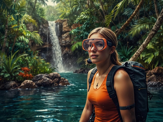 Auf dem Bild ist eine abenteuerlustige Person zu sehen, die in einer tropischen Umgebung mit üppiger Vegetation und einem Wasserfall steht. Diese idyllische Karibiklandschaft lädt zu verschiedenen Aktivitäten ein:

1. **Schnorcheln**: Die Person trägt eine Schnorchelausrüstung, was auf Erkundungen der bunten Unterwasserwelt hinweist.

2. **Wanderungen**: Die Umgebung ist perfekt für aufregende Wanderungen durch die Wildnis, um die Natur zu genießen und verborgene Wasserfälle zu entdecken.

3. **Schwimmen**: Der glitzernde Wasserfall und das klare Wasser laden dazu ein, sich zu erfrischen und im Paradies zu schwimmen.

4. **Fotografieren**: Solch eine malerische Kulisse bietet zahlreiche Chancen für beeindruckende Naturfotografien.

5. **Birdwatching**: In einer so reiche Flora und Fauna gibt es viele Gelegenheiten, exotische Vögel und andere Tiere zu beobachten.

Diese Aktivitäten machen das Erlebnis in dieser paradiesischen Umgebung unvergesslich für Abenteuerlustige!