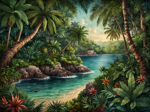 Auf dem Bild ist eine malerische Küstenlandschaft zu sehen, die das beeindruckende Ökosystem von Isla Coiba widerspiegelt. Die Szene zeigt üppige tropische Pflanzen, hohe Palmen und grüne Vegetation, die sich am Wasser entlang erstrecken. Ein ruhiges blaues Meer umrahmt die felsige Küste, während sanfte Wellen sanft an den Strand rollen. Diese Darstellung könnte die vielfältige Flora und Fauna der Insel symbolisieren, die ein wichtiges Rückzugsgebiet für zahlreiche Tierarten darstellt.