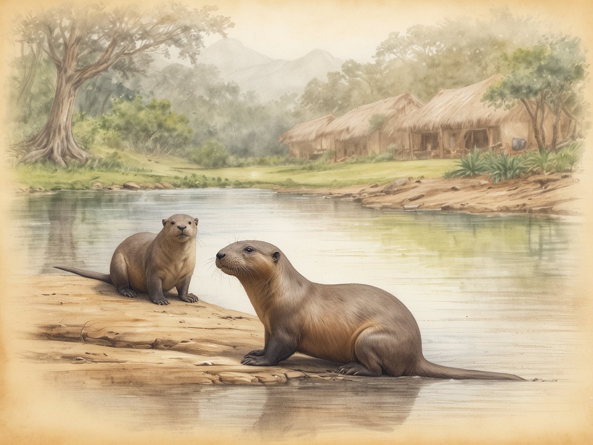 Zwei Riesenotter sitzen am Ufer eines ruhigen Flusses, umgeben von einer grünen Landschaft. Im Hintergrund sind einige einfache Hütten mit Strohdächern zu sehen, die in der Nähe von Bäumen und Sträuchern liegen. Die Szenerie strahlt eine friedliche und natürliche Atmosphäre aus, ideal für die Beobachtung dieser faszinierenden Tiere im Karanambu Ranch Schutzgebiet.