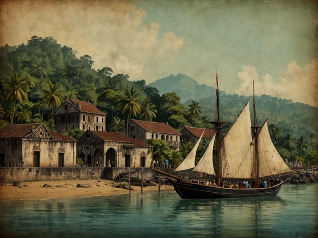 Das Bild zeigt eine malerische Küstenlandschaft mit einem Segelschiff, das im Wasser liegt, sowie verschiedenen Gebäuden und tropischen Palmen im Hintergrund. Dies erinnert an die historischen Kulissen von Portobelo, einer Stadt in Panama, die im 16. Jahrhundert gegründet wurde. 

Portobelo wurde als wichtiger Hafen für den Handel mit Gold und anderen Rohstoffen aus Südamerika gegründet. Die Stadt war besonders während der Kolonialzeit von Bedeutung, als sie als Einkaufs- und Exportzentrum diente. Im 17. und 18. Jahrhundert war sie ein zentraler Knotenpunkt für den Handel zwischen Europa und den Kolonien, was zu einem florierenden, aber auch oft umkämpften Handelsplatz führte. 

Die Ruinen, die oft in Bildern von Portobelo zu sehen sind, zeugen von der einstigen Pracht und dem wirtschaftlichen Aufschwung der Stadt. Sie sind ein faszinierendes Zeugnis der kolonialen Geschichte und der Bedeutung des Handels in dieser Region.