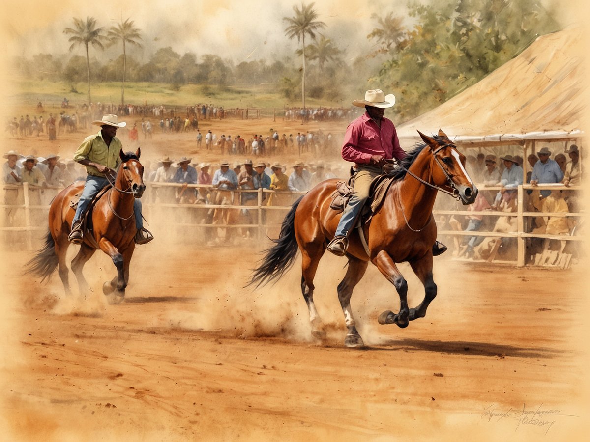 Zwei Reiter auf Pferden rasen über einen staubigen Sandplatz während des Lethem Rodeos in Guyana. Beide Reiter tragen Hüte und farbenfrohe Hemden, während sie in voller Fahrt die Pferde lenken. Im Hintergrund sind Zuschauer zu sehen, die dem Wettkampf zuschauen, umgeben von Palmen und einer ländlichen Atmosphäre, die das aufregende Reitkunst-Event widerspiegelt. Die Szene strahlt Dynamik und Wettkampfgeist aus.