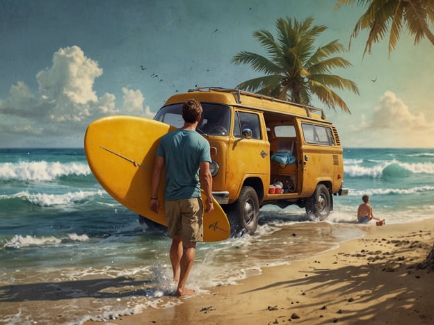 Auf dem Bild ist eine malerische Küstenlandschaft zu sehen, die das Surfparadies Santa Catalina darstellt. Ein junger Mann trägt ein großes, gelbes Surfbrett und geht dem Wasser entgegen, während im Hintergrund ein gelber Volkswagen-Bus steht. Die Szenerie ist von Palmen umgeben und das Meer hat sanfte Wellen. Ein weiterer Junge sitzt im seichten Wasser und genießt die entspannte Atmosphäre. Die gesamte Szene vermittelt ein Gefühl von Freiheit und Abenteuer, perfekt für Surfbegeisterte und Naturliebhaber.