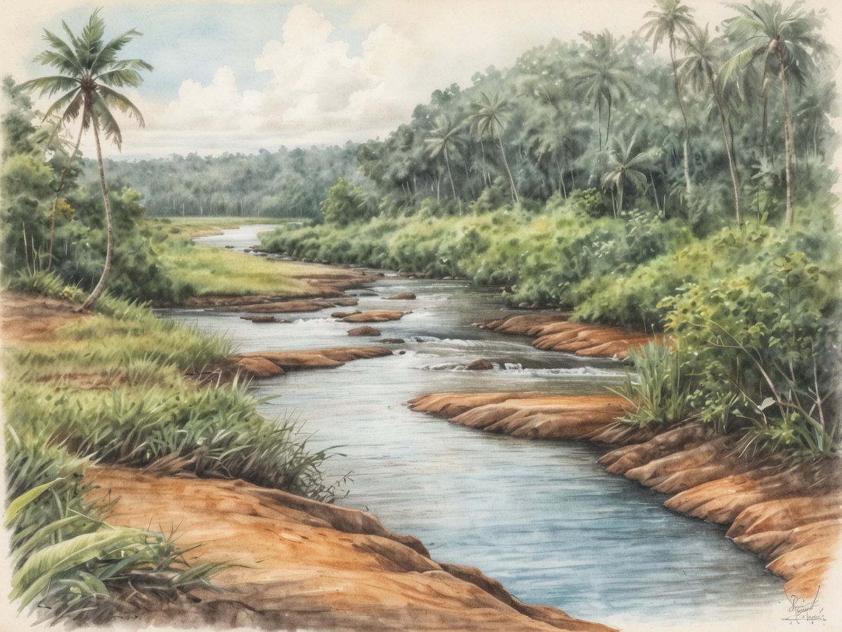 Eine ruhige Flusslandschaft am Barama River mit sanften Wasserströmungen und flachen Uferbereichen. Die Ufer sind mit grünem Gras und dichten Pflanzen bewachsen. Vereinzelte Palmen ragen in den Himmel und im Hintergrund erstreckt sich eine unberührte Waldlandschaft. Der Himmel ist leicht bewölkt, was der Szene eine friedliche Atmosphäre verleiht.