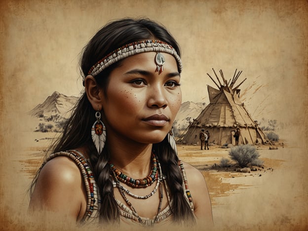 Auf dem Bild ist eine indigene Frau zu sehen, die traditionell gekleidet ist und mit einem kulturellen Schmuckstück verziert ist. Sie steht in einer von Natur umgebenen Landschaft, in der ein Tipi im Hintergrund sichtbar ist. Diese Darstellung spiegelt die enge Verbindung der indigenen Kulturen zur Natur wider, betont den Respekt vor der Umwelt sowie die sozialen und spirituellen Traditionen, die oft mit ihrem Lebensstil verbunden sind. Die Beleuchtung und die Farbtöne erzeugen eine harmonische Atmosphäre, die die Bedeutung von Gemeinschaft und Naturverbundenheit unterstreicht.