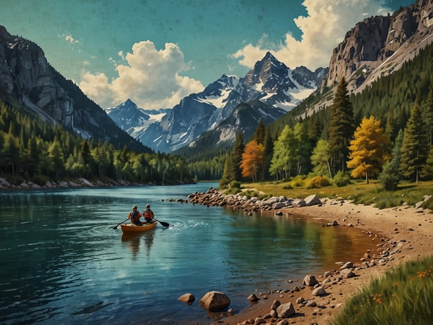 Auf dem Bild sieht man eine malerische Landschaft mit hohen Bergen, die von einem klaren, ruhigen See umgeben sind. Zwei Personen sind in einem Kanu unterwegs, was eine wunderbare Möglichkeit bietet, die Natur aus nächster Nähe zu erleben. 

Für Abenteuerlustige bieten sich hier zahlreiche Aktivitäten an, wie:

1. **Kanu- oder Kajakfahren**: Entdecke die Gewässer und genieße die Ruhe der Umgebung.
2. **Wandern**: Erkunde die zahlreichen Wanderwege in den Bergen und genieße atemberaubende Ausblicke.
3. **Fotografie**: Halte die spektakulären Landschaften und die Tierwelt fest.
4. **Zelten**: Verbringe die Nacht unter dem Sternenhimmel und lausche den Geräuschen der Natur.
5. **Angeln**: Probiere dein Glück beim Angeln in den klaren Gewässern des Sees.

Die Szene lädt dazu ein, die Natur aktiv zu erleben und das Abenteuer zu suchen!