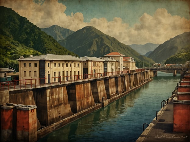 Auf dem Bild ist die Umgebung der Miraflores-Schleusen zu sehen. Die Aufnahme zeigt eine Wasserstraße, die von schroffen Bergen umgeben ist. An einer Seite des Wassers sind Beton- und Stahlkonstruktionen sichtbar, die die Schleusen bilden. Es gibt auch einige Gebäude, die wahrscheinlich Funktionen im Zusammenhang mit dem Schiffsverkehr erfüllen. Die Landschaft wirkt ruhig und malerisch, mit klarem Wasser und imposanten Bergen im Hintergrund.