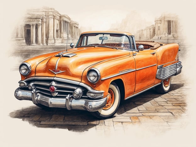 Auf dem Bild ist ein historisches Auto zu sehen, genauer gesagt ein Cabriolet in einer auffälligen orangefarbenen Lackierung. Die stilisierten Linien und das chromelemente deuten auf ein klassisches Design hin, das typisch für Fahrzeuge der Mitte des 20. Jahrhunderts ist. Im Hintergrund sind architektonische Elemente zu erkennen, die an historische Gebäude erinnern, möglicherweise inspiriert von antiken oder neoklassizistischen Stilen. Solche Fahrzeuge sind oft Teil von Sammlungen in Automuseen, die die Geschichte und Entwicklung des Automobildesigns präsentieren.