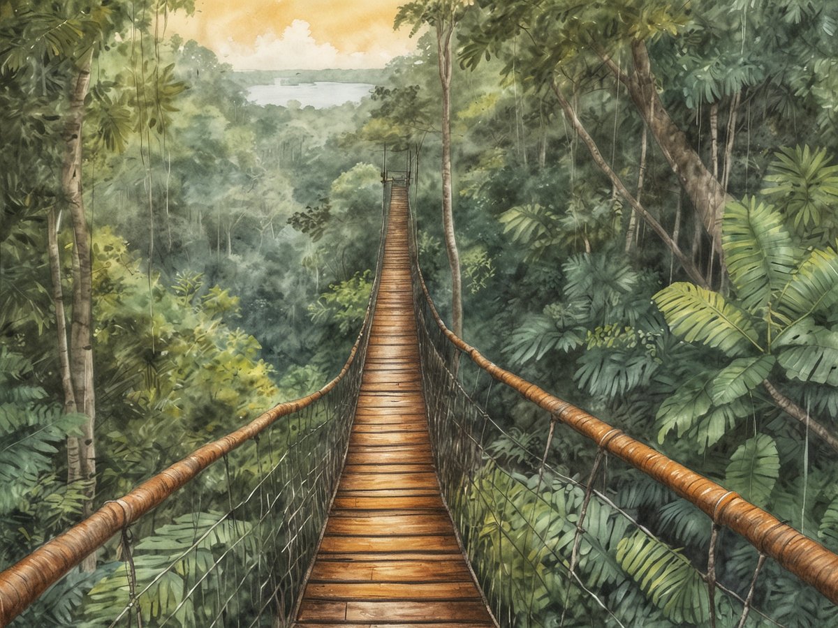 Der Iwokrama Canopy Walkway bietet einen atemberaubenden Blick über den dichten Regenwald. Eine hölzerne Hängebrücke schwingt über das grüne Blätterdach, während üppige Pflanzen und Bäume die Szenerie umgeben. Im Hintergrund sind sanfte Hügel und ein goldener Himmel zu sehen, der durch die Baumkronen schimmert. Die Brücke verläuft schnurstracks in die Ferne und vermittelt das Gefühl, hoch oben in der Natur zu sein.