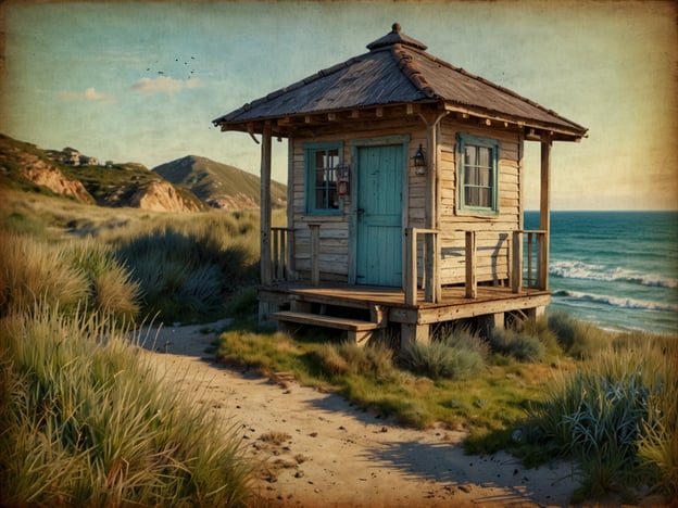 Auf dem Bild ist ein charmantes, kleines Holzhaus zu sehen, das sich in einer malerischen Küstenlandschaft befindet. Umgeben von sanften Hügeln und üppigem Gras, bietet es einen atemberaubenden Blick auf das Meer. Dieses Bild erinnert an die Entdeckung von Pedasí: Ein verborgenes Juwel, wo solch idyllische, abgelegene Orte auf geschmackvolle Baukunst treffen und eine perfekte Kulisse für Ruhe und Entspannung bieten. Die Atmosphäre strahlt eine friedliche Einsamkeit aus, ideal für einen Rückzugsort in der Natur.