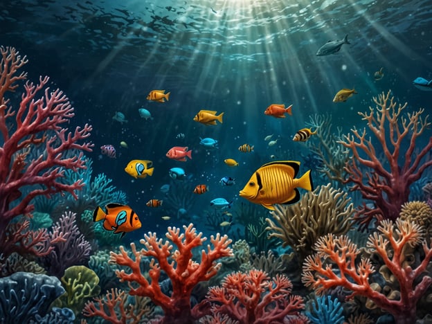 Auf dem Bild sind bunte Korallenriffe und eine Vielzahl von Fischen zu sehen, die in einer lebhaften Unterwasserwelt schwimmen. Die Riffe sind in verschiedenen Farben und Formen dargestellt, mit strahlendem Wasser, das von Sonnenstrahlen durchzogen wird. Diese Szene vermittelt ein Gefühl von Schönheit und Vielfalt, das die faszinierende Welt der Korallenriffe erkundet. Die vielen Fische, darunter auch Clownfische, schwimmen harmonisch zwischen den Korallen und zeigen die reichhaltige marine Biodiversität.