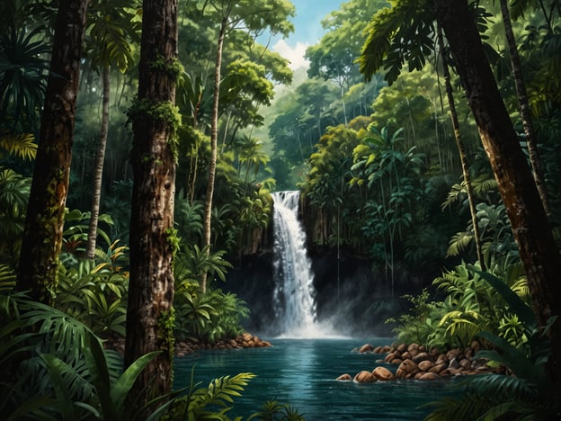 Auf dem Bild ist eine üppige, tropische Landschaft zu sehen, mit einem Wasserfall, der in einen klaren, blauen Teich fließt. Dichte grüne Vegetation umgibt den Wasserfall, mit hohen Bäumen und vielfältigen Pflanzen, typischen für die tropischen Wälder Panamas. Diese Region ist bekannt für ihre reiche Biodiversität, darunter viele endemische Arten von Pflanzen und Tieren. Die Waldlandschaften sind Lebensräume für zahlreiche Vogelarten, Säugetiere und Insekten, die zur einzigartigen Ökologie des Landes beitragen.