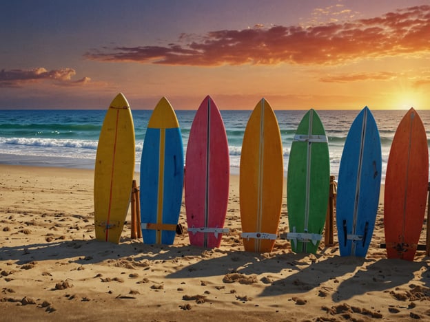 Auf dem Bild sind mehrere farbige Surfbretter zu sehen, die am Las Lajas Strand aufgestellt sind. Diese Surfboards deuten darauf hin, dass hier Aktivitäten wie Surfen und Wassersport stattfinden. Der Strand bietet idealen Bedingungen zum Wellenreiten, und die wunderschöne Kulisse mit Sonnenuntergang lädt zum Entspannen und Genießen ein. Außerdem könnte man hier schwimmen, Beachvolleyball spielen oder einfach am Sandstrand spazieren gehen.