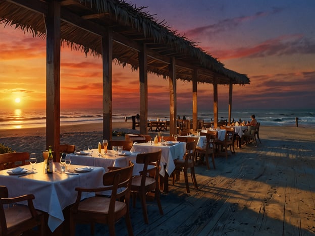 Auf dem Bild ist ein malerisches Strandrestaurant zu sehen, das mit stilvollen Tischen und Stühlen unter einem schattenspendenden Dach aus Palmenblättern eingerichtet ist. Die Tische sind elegant gedeckt und bieten einen wunderbaren Blick auf den Sonnenuntergang über dem Meer. 

Kulinarische Erlebnisse in solch einer Umgebung könnten frisch gefangene Meeresfrüchte sein, begleitet von erfrischenden Cocktails oder Glas Wein. Der Klang der Wellen und die sanfte Brise schaffen eine ideale Atmosphäre, um bei einem romantischen Dinner oder einem entspannten Mittagessen die Schönheit des Strandes zu genießen. Besonderheiten könnten auch lokale Spezialitäten beinhalten, die die Vielfalt der Küstenküche widerspiegeln.