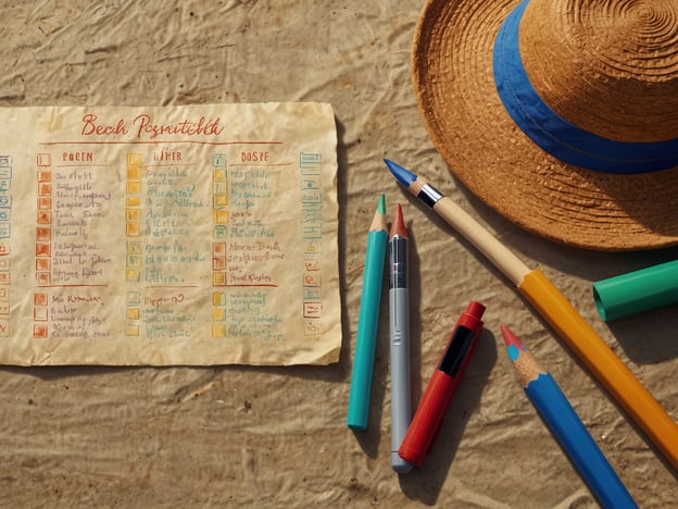 Auf dem Bild sind verschiedene Gegenstände zu sehen, die typischerweise für einen Strandbesuch vorbereitet werden. Es gibt einen Strohhut, der Sonnenschutz und Stil symbolisiert. Zudem liegt ein Blatt Papier mit handschriftlichen Notizen darauf, das anscheinend eine Liste von notwendigen Gegenständen oder Aktivitäten am Strand enthält. Daneben befinden sich verschiedene Schreibutensilien wie Buntstifte und Marker, die zum Zeichnen oder Notieren verwendet werden können.

Die optimale Strandvorbereitung umfasst: 

1. **Sonnenschutz**: Der Strohhut bietet Schutz vor der Sonne.
2. **Planung**: Die Liste auf dem Papier hilft, an alles Wichtige zu denken.
3. **Unterhaltung**: Schreibutensilien sind nützlich für kreative Aktivitäten am Strand.

Diese Elemente zusammen tragen zu einem entspannten und gut organisierten Strandtag bei.