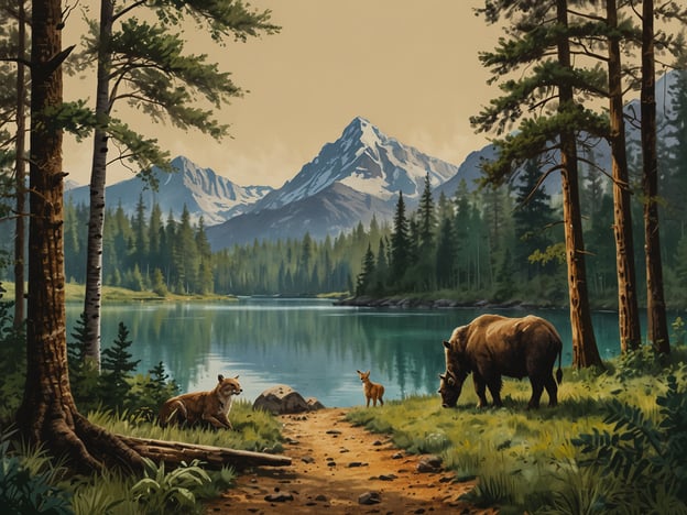 Auf dem Bild sind eine wunderschöne Landschaft mit Bergen, einem ruhigen See und verschiedenen Tieren zu sehen, darunter ein Bison und ein Reh, sowie ein Fuchs in der Nähe des Wassers. 

Hier sind einige Tipps für Besucher des Nationalparks:

1. **Respektieren Sie die Natur:** Halten Sie einen sicheren Abstand zu den Tieren und füttern Sie sie nicht. Dies schützt sowohl die Tiere als auch Sie selbst.

2. **Bleiben Sie auf den Wegen:** Um die Flora und Fauna zu schützen, sollten Sie markierte Wanderwege nutzen und nicht vom Pfad abweichen.

3. **Vorbereitung ist wichtig:** Bringen Sie ausreichend Wasser, Snacks und geeignete Kleidung für wechselndes Wetter mit.

4. **Frühzeitig planen:** Viele Sehenswürdigkeiten können in der Hochsaison überfüllt sein, planen Sie deshalb Besuche früh am Morgen oder später am Tag.

5. **Müllentsorgung:** Nehmen Sie Ihren Müll mit zurück oder nutzen Sie die bereitgestellten Mülleimer, um die Umgebung sauber zu halten.

6. **Beachten Sie die Regeln:** Informieren Sie sich über die spezifischen Parkregeln und -richtlinien, bevor Sie ankommen.