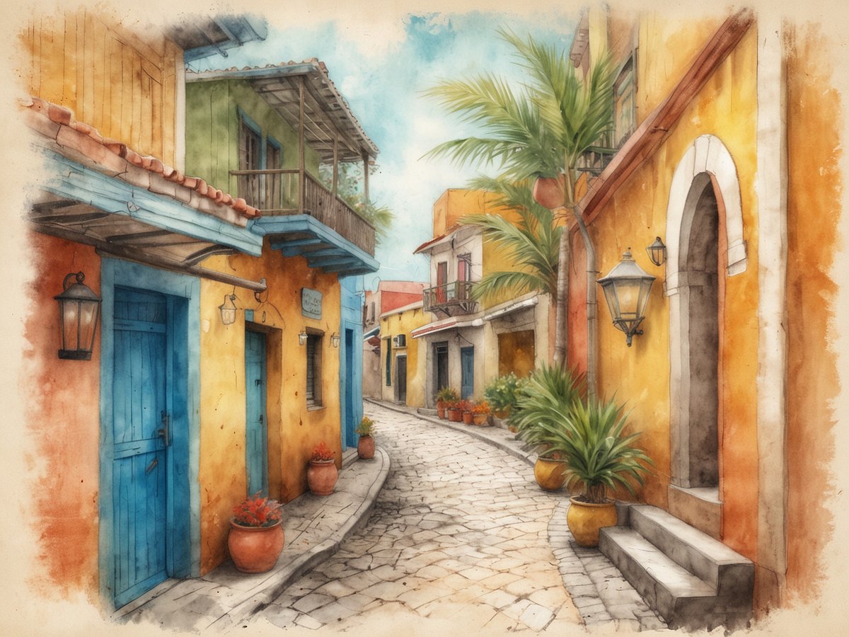 Eine malerische enge Gasse auf Curaçao, gesäumt von bunten, kolonialen Gebäuden in Gelb, Blau und Grün. Auf der linken Seite stehen hellblaue und orangefarbene Türen, während die rechte Seite von Pflanzen und einer großen Treppe zur Seite flankiert wird. Über dem gepflasterten Weg hängen Laternen, und in Tontöpfen blühen kleine Pflanzen. Im Hintergrund sind Palmen zu sehen, die tropische Vibes vermitteln. Der Himmel ist hellblau und die gesamte Szene strahlt eine einladende Atmosphäre aus.