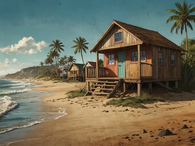 Auf dem Bild sieht man ein charmantes Holzhaus direkt am Strand, umgeben von Palmen und in der Nähe sanfter Wellen. Diese Unterkunft ist perfekt für Surfer, die das Meer und die Natur lieben. Die entspannte Atmosphäre und die direkte Nähe zum Wasser laden dazu ein, die Wellen zu reiten und die Sonnenuntergänge zu genießen. Solche Hütten sind oft der ideale Rückzugsort für abenteuerlustige Reisende, die das Surferherz höher schlagen lassen. Ein Ort, an dem man das echte Strandgefühl und die Freiheit des Surfens erleben kann!