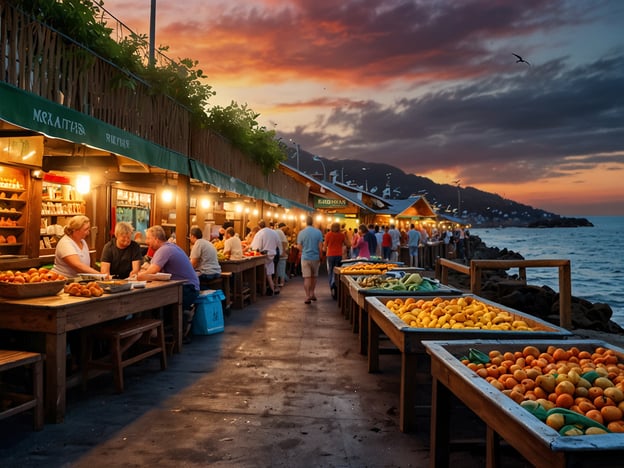 Auf dem Bild ist ein lebhafter Markt zu sehen, der sich entlang der Küste von Playa Venao erstreckt. In den Holzständen sind frische Früchte und regionales Gemüse liebevoll ausgestellt. Die Atmosphäre ist einladend, mit Menschen, die sich an den Tischen versammeln, um zu plaudern und lokale Köstlichkeiten zu genießen. Die warmen Farben des Sonnenuntergangs, die den Himmel erleuchten, schaffen eine malerische Kulisse für das geschäftige Treiben. 

Dieser Markt spiegelt die kulinarische Vielfalt der Region wider und lädt dazu ein, die frischen Produkte der Umgebung zu probieren. Das Leben rund um Playa Venao ist geprägt von einer starken Verbindung zur Natur und den lokalen Erzeugnissen, die die Kultur und Essgewohnheiten der Menschen dort prägen.