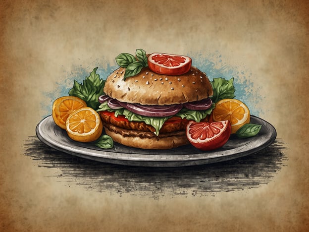 Auf dem Bild ist ein kunstvoll gestalteter Burger zu sehen, der auf einem Teller angerichtet ist. Er besteht aus einem bräunlichen Brötchen, das mit Salat, Tomaten und Zwiebeln gefüllt ist. An der Seite liegen frische Orangen- und Grapefruitstücke, die dem Gericht eine fruchtige Note verleihen.

In der Umgebung könnte man kulinarische Erlebnisse wie ein gemütliches Café oder ein Restaurant finden, das bekannt für seine kreativen Burger-Variationen ist. Vielleicht gibt es auch lokale Märkte, wo frische Zutaten, wie regionale Gemüse- und Obstsorten, angeboten werden, die man für ein eigenes Burger-Erlebnis nutzen kann. Ein Besuch in einer Brauerei könnte dazu passen, um ein passendes Getränk zum Burger zu probieren.