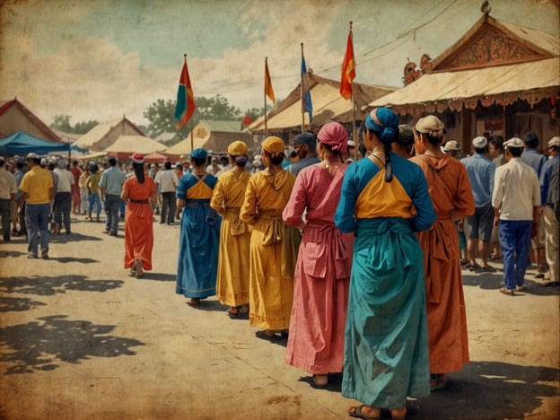 Auf dem Bild sind Menschen in festlicher Kleidung zu sehen, die sich in einer Art Parade oder Zeremonie versammeln. Diese Szenen erinnern an kulturelle Feste oder Veranstaltungen, die an der Cinta Costera in Panama häufig stattfinden. 

Die Cinta Costera ist bekannt für ihre lebhaften Festivals, Konzerte und Märkte, wo lokale Traditionen gefeiert werden. Solche Events bieten oft eine Plattform für das Brauchtum, die Musik und die kulinarischen Köstlichkeiten der Region. Die bunten Trachten auf dem Bild könnten auf eine traditionelle Feier hindeuten, bei der Kultur und Gemeinschaft im Mittelpunkt stehen.