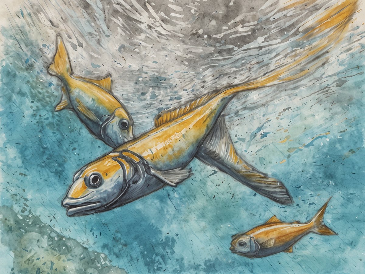 Drei Fische schwimmen durch kristallklares Wasser, wobei der Fokus auf den Fischen mit gelben und grauen Schuppen liegt. Die Umgebung ist in verschiedenen Blautönen gehalten, die das Unterwasserambiente widerspiegeln. Die Darstellung zeigt die Bewegung der Fische und die sanften Wellenbewegungen des Wassers.
