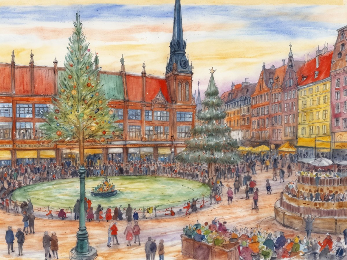 Ein weihnachtlicher Marktplatz in Hamburg zeigt einen prachtvollen Tannenbaum, der festlich geschmückt ist. Um ihn herum versammeln sich zahlreiche Menschen, die die festliche Atmosphäre genießen. Im Hintergrund sind historische Gebäude mit bunten Fassaden und einem hohen Kirchturm zu sehen. Stände und Tische laden zum Verweilen ein, während Lichter und Dekorationen eine stimmungsvolle Kulisse schaffen. Eine kleine Wasserfläche mit Blumenbeeten rundet das Bild ab und verleiht dem Platz einen einladenden Charakter. Der Himmel zeigt sanfte Farbtöne des Sonnenuntergangs, die die festliche Stimmung unterstreichen.