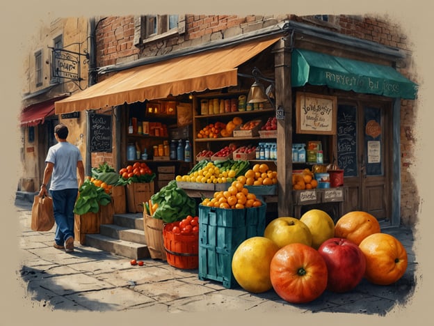 Auf dem Bild ist ein lebhafter Markt zu sehen, der frisches Obst und Gemüse anbietet. Es gibt eine Vielzahl von lokalen Köstlichkeiten wie saftige Tomaten, leuchtend orangefarbene Orangen und bunte Äpfel. Der Markt hat ein einladendes Flair mit Holzkisten und Körben, in denen die Produkte liebevoll arrangiert sind. Ein Kunde, der eine Plaste-Tüte hält, schlendert vorbei und scheint die frischen Waren zu genießen. Diese Szene strahlt die Atmosphäre eines traditionellen Marktes aus, wo regionale Produkte und Sehenswürdigkeiten im Mittelpunkt stehen.