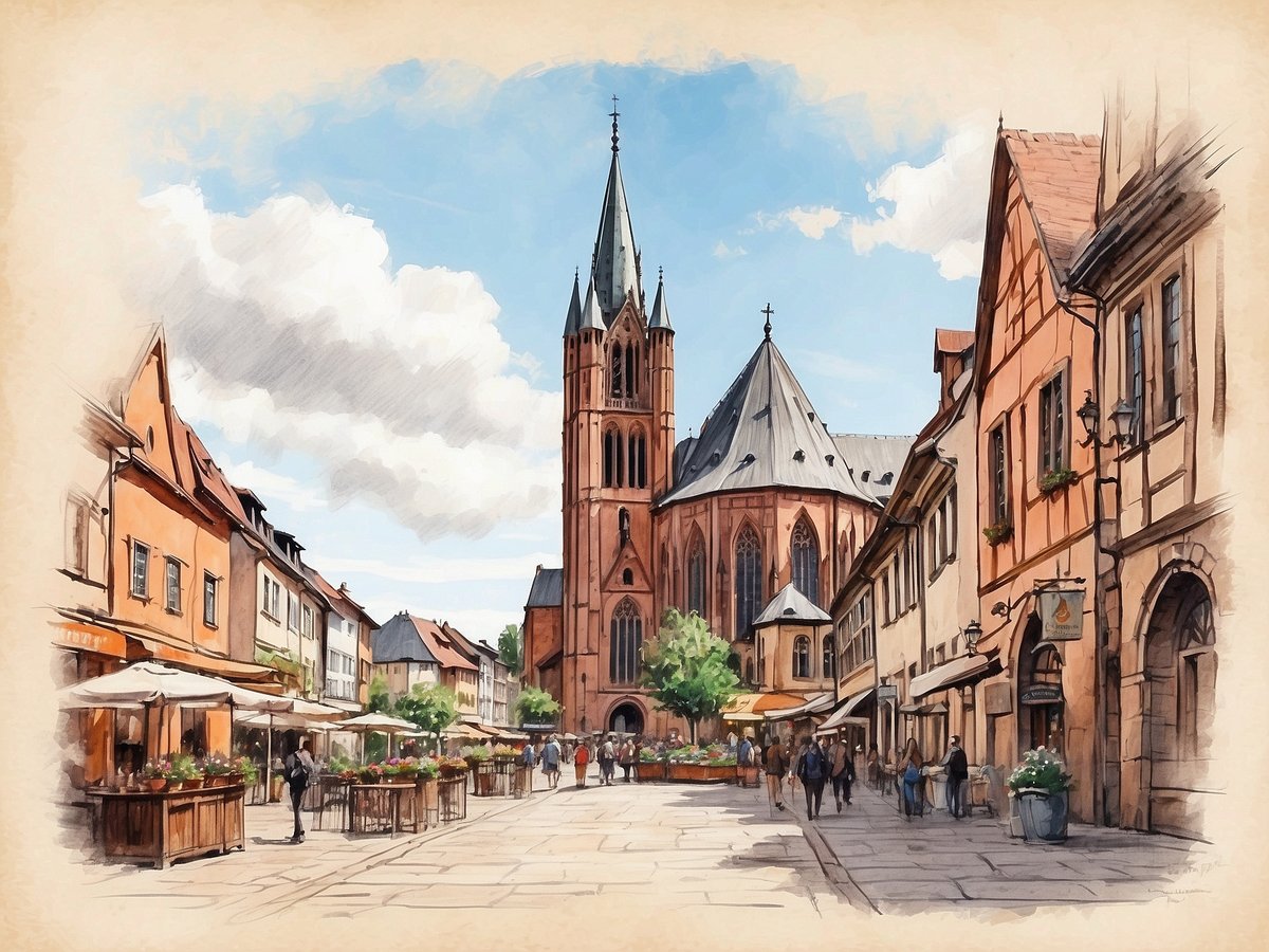 Ein malerischer Blick auf die Straßen von Speyer mit historischen Gebäuden, die in warmen Farben gestaltet sind. Im Hintergrund erhebt sich eine imposante Kirche mit markantem Turm und einem charakteristischen Dach. Auf der Straße sind Tische und Stühle von Cafés und Restaurants zu sehen, umgeben von blühenden Pflanzen. Menschen schlendern durch die Straße, die von stilvollen Altbauten gesäumt wird. Der Himmel ist hellblau mit wenigen Wolken, was eine einladende Atmosphäre schafft.