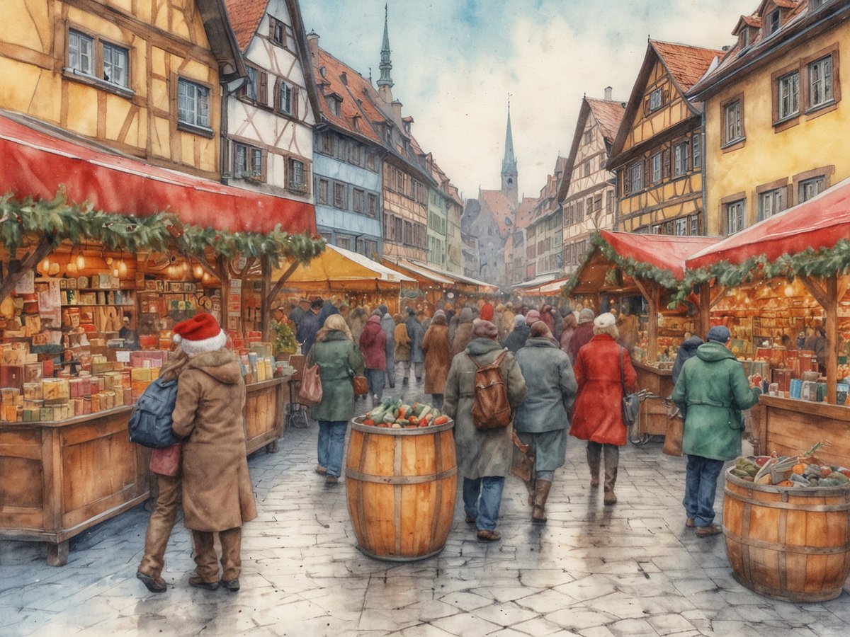 Ein lebhafter Weihnachtsmarkt in einer malerischen Altstadt mit charmanten Fachwerkhäusern. Die Szene zeigt zahlreiche Stände, die festlich dekoriert sind und eine Vielzahl von Waren anbieten, darunter Geschenke und regionale Spezialitäten. Menschen in warmen Winterkleidern schlendern durch die Gassen, während einige miteinander sprechen oder an den Ständen stöbern. Ein Kaufmann hält eine Tüte, während ein Paar umarmt steht. In der Ferne ragt ein kirchlicher Turm in den Himmel, umgeben von einer verträumten, winterlichen Atmosphäre.