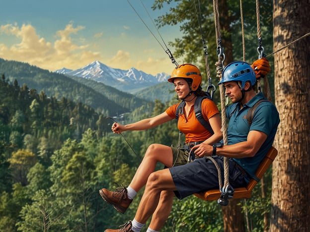 Auf dem Bild sind zwei Personen zu sehen, die an einem Seil hängen und eine Aussicht auf eine bewaldete Landschaft mit Bergen genießen. Dieses Bild könnte an einzigartige Ziplining-Erlebnisse in Boquete erinnern, wo Abenteuersuchende durch die üppige Natur schwingen und atemberaubende Ausblicke auf die umliegenden Berge und Wälder haben. Boquete ist bekannt für seine spektakulären Ziplining-Touren, die ein aufregendes Gefühl von Freiheit und Nervenkitzel bieten, während man die Schönheit der panamaischen Natur erlebt.