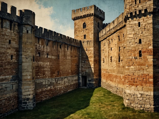 Auf dem Bild ist eine festungsartige Struktur zu sehen, die typische architektonische Merkmale einer mittelalterlichen Festung aufweist. Die massive Mauer ist aus grob behauenen Steinen gebaut, die auf Stabilität und Verteidigungszwecke hinweisen. 

Besonders auffällig sind die hohen Türme, die an den Ecken der Festung thronen und zur Überwachung und Verteidigung dienten. Die Zinnen, die sich entlang der oberen Mauer ziehen, bieten zusätzlichen Schutz und ermöglichen es, Angreifer abzuwehren. Darüber hinaus sind die schmalen, rechteckigen Fenster in den Mauern charakteristisch für solche Festungen, da sie während Belagerungen einen effektiven Blick auf die Umgebung bieten, ohne die Verteidiger zu exponieren. 

Der Innenhof, der im Bild sichtbar ist, zeigt auch eine grüne Fläche, die typischerweise für die Logistik und das tägliche Leben innerhalb der Festungsmauern genutzt wurde. Die Kombination dieser Elemente deutet auf eine gut geplante Verteidigungsarchitektur hin, die sowohl funktionale als auch repräsentative Aspekte in den Vordergrund stellt.